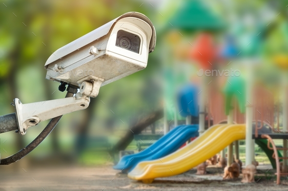 CCTV Closed circuit camera, TV monitoring at kindergarten school playground outdoor for kid children