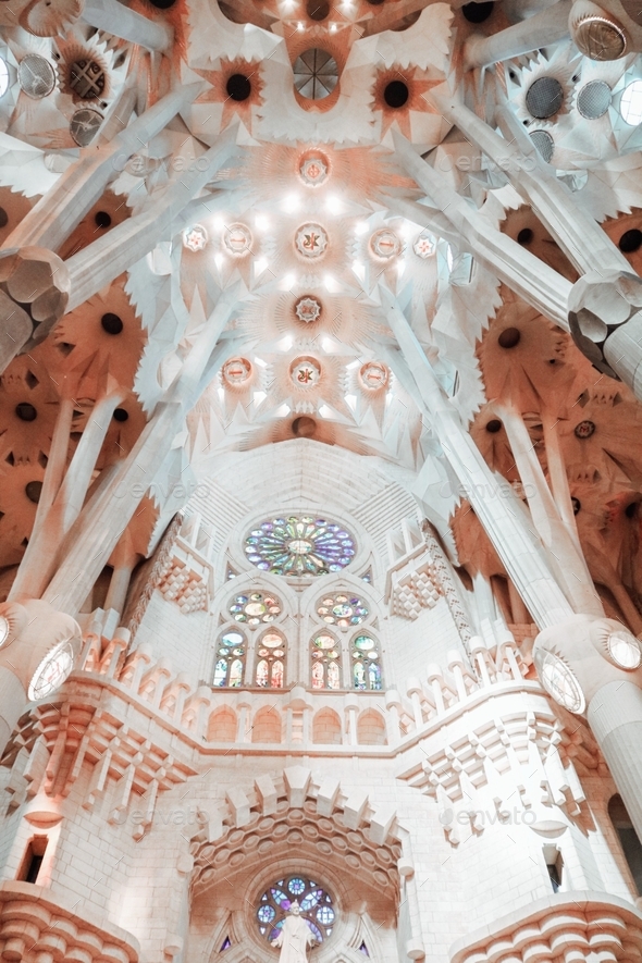 Interior design of La Sagrada Familia a large unfinished Roman Catholic minor basilica of Barcelona