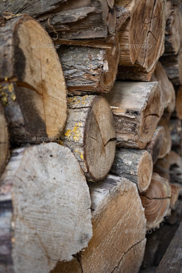 Stacks of firewood. Preparation of firewood for the winter. Global crisis and price rise.