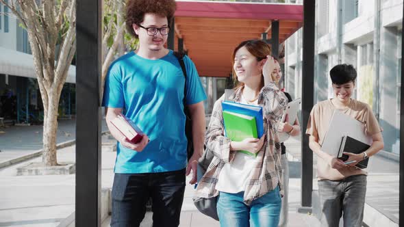 Happy multiracial students outdoor walking and talking on walkway of university