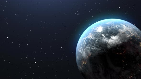 Animation of planet Earth flying in space among the stars.