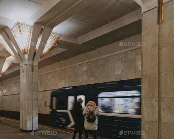 Public transport. Metro moving. Urban transportation. Underground. City facilities. Motion blur