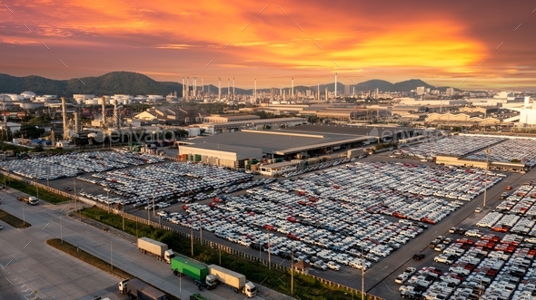 Aerial view a lot of new car for import and export shipping by ship , Smart dealership at car depot