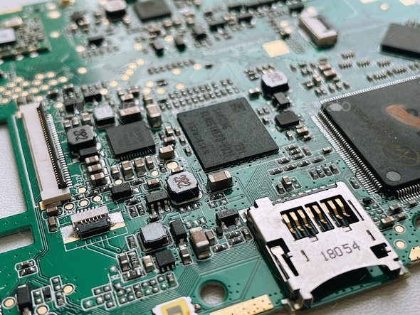 Closeup of electronic circuit board with processor. Electronic computer hardware technology