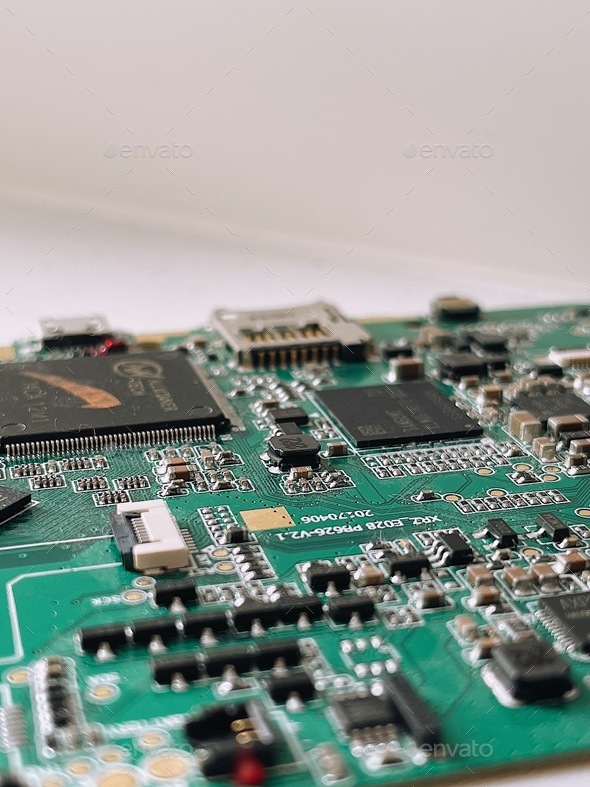 Closeup of electronic circuit board with processor. Electronic computer hardware technology