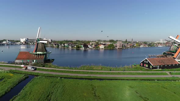 Aerial view of historic windmills of Zaanse Schans, Zaandam near Zaandijk and Amsterdam Netherlands.