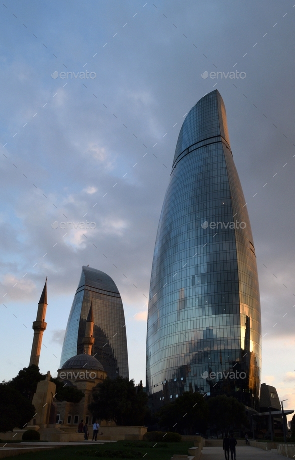 Flame Towers On Dramatic Sky Background. BAKU, AZERBAIJAN Stock Photo ...