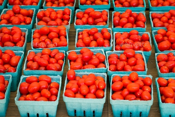 Red cherry grape tomatoes in pint boxes at an organic farm stand
