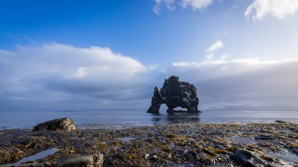 Hvitserkur Iconic Rock in Iceland Time Lapse Wide Angle