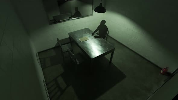 Dark silhouette of a man sitting in the empty interrogation room. Time-lapse