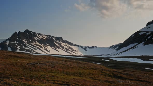 Beautiful snow covered mountains of in Jämtland county, Sweden -Wide pan alt
