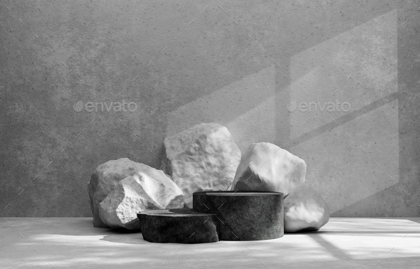Stone product podium black and white background. 3d rendering. - Stock Photo - Images