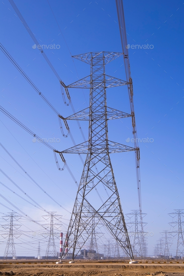 high-voltage electricity poles Tower - power station - distribute Electric energy - Cables - Stock Photo - Images