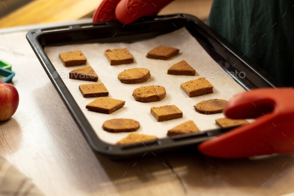 Homemade geometric shaped cookies on a baking sheet