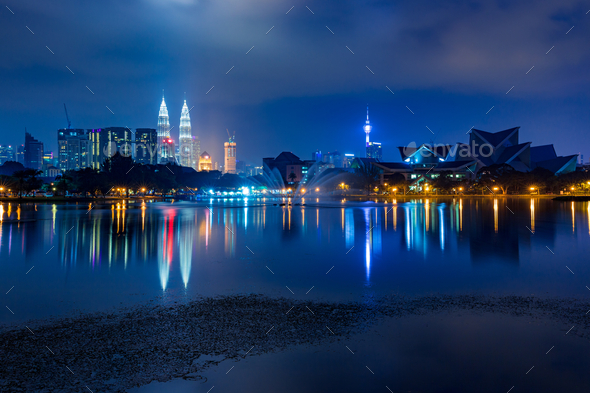 Kuala Lumpur skyline at night as seen from Titiwangsa Lakes, Kuala Lumpur, Malaysia. - Stock Photo - Images