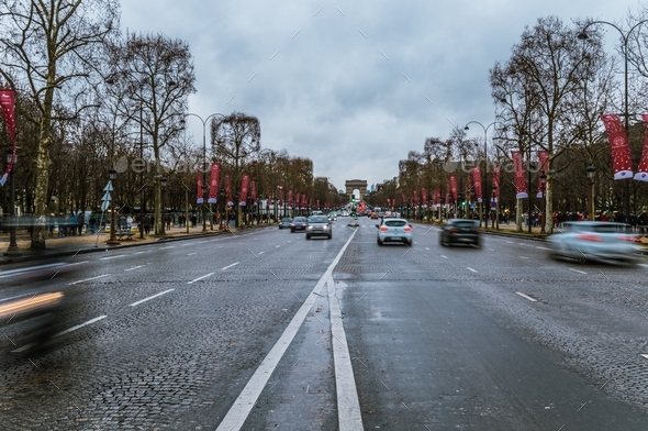 The road on the Champs-Elysees with a view of the Arc de Triomphe