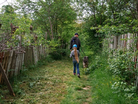 Family walking with dogs on green grass rural landscape. Countryside cottagecore style.
