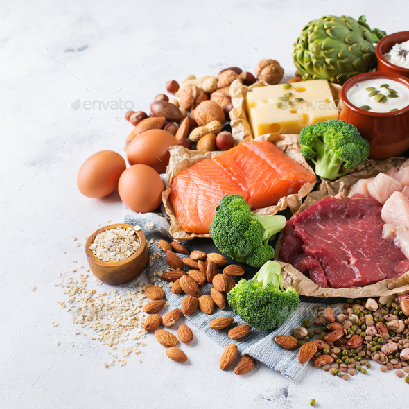 Assortment of healthy protein source and body building food Stock Photo by antoninavlasova