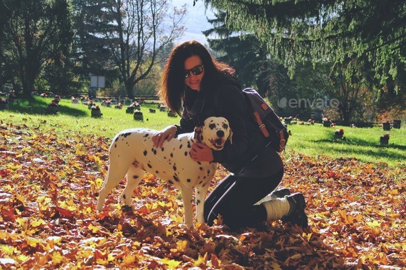 Eomen wkth happy dalmatian dog, autumn day - Stock Photo - Images