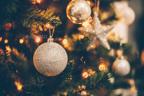 Christmas background. Christmas balls on Christmas tree - Stock Photo - Images