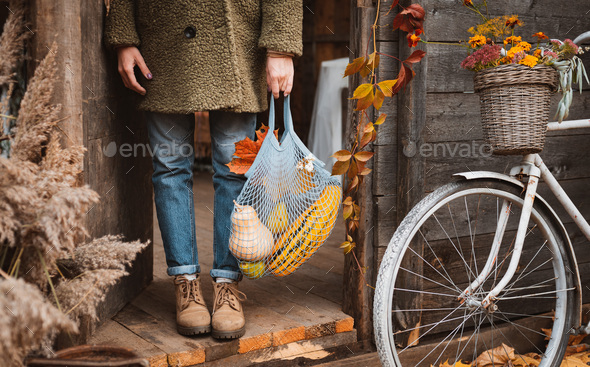 Woman holding string bag with autumn seasonal vegetables while standing at door of old wooden house