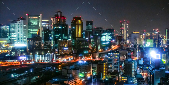Osaka, Japan at night captured in long exposure. 3rd largest city in Japan after Tokyo and Yokohama.