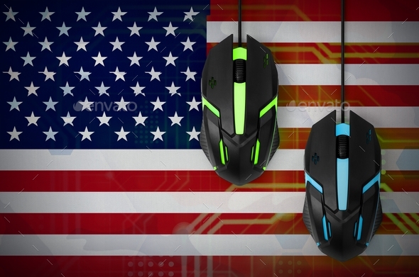 United States of America flag and two modern computer mice with backlight