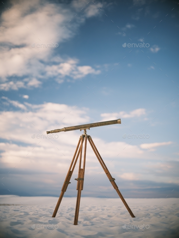 A telescope on a sandy dune in the middle of the desert for star gazing
