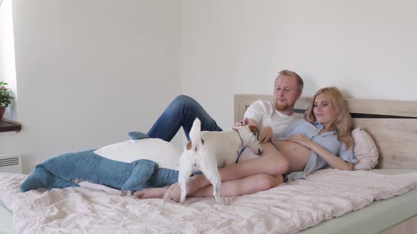 Young Family Awaiting a Baby Lying in the Bed of Their Bedroom. a Man and a Pregnant Woman alt
