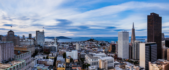 San Francisco cityscape buildings and the bay - Stock Photo - Images