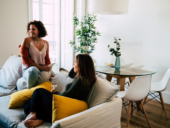 Two young women drinking wine in a modern stylish apartment - Stock Photo - Images