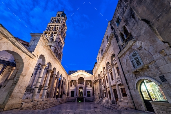 Blue hour view of Diocletian's Palace in Split, Croatia. - Stock Photo - Images
