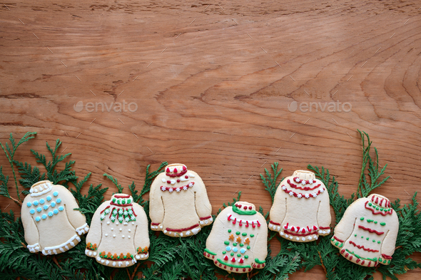 Homemade ugly sweater Christmas cookies background