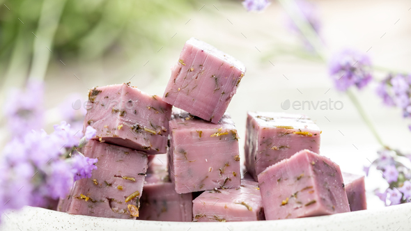 Lavender cheese plate with dry lavender flowers Stock Photo by Portoprens