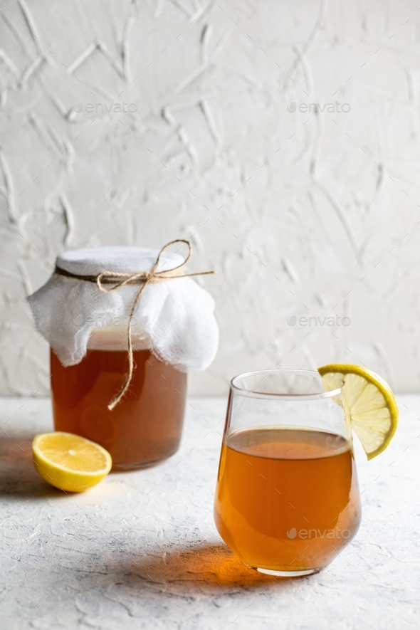 Raw fermented homemade alcoholic or non alcogolic kombucha superfood