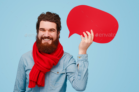 Bearded guy with paper red speech bubble
