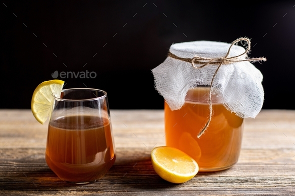 Raw Fermented Homemade Alcoholic Or Non Alcogolic Kombucha Superfood Ice Tea With Healthy