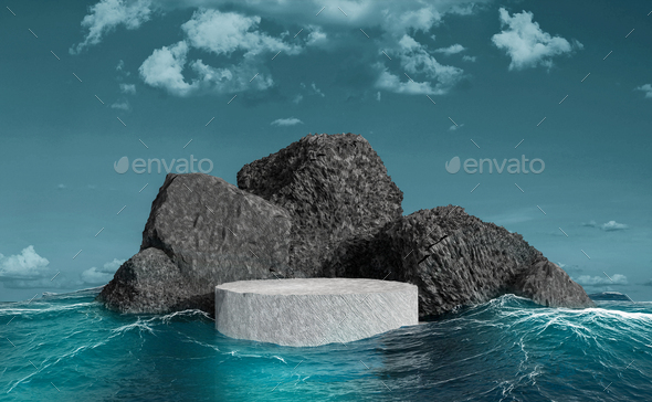 natural podium display on water with rocks, empty minimal pedestal for product showcase, 3D Render - Stock Photo - Images