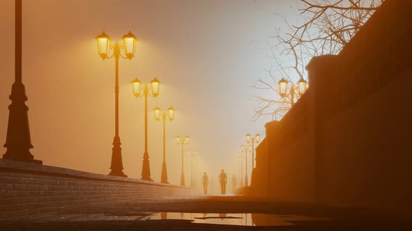 Foggy alley during the night with warm lantern light. Walking people. 4k HD alt
