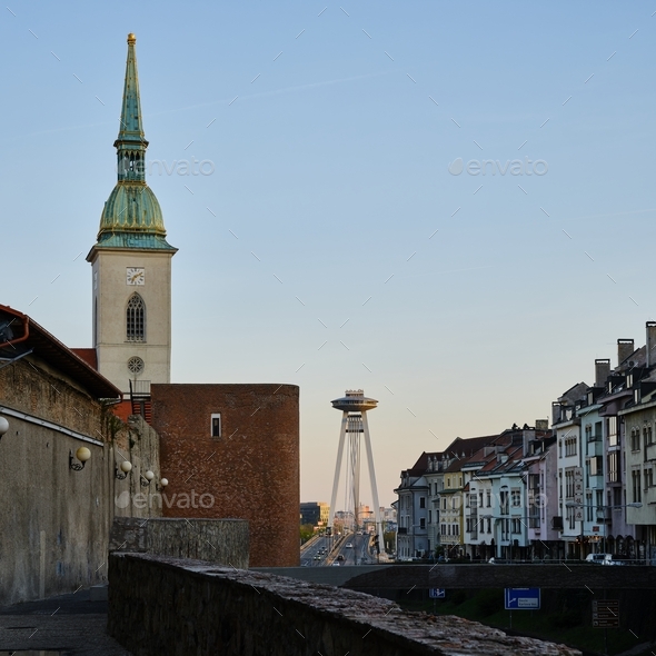 New bridge tower, cathedral and old houses in Bratislava, Slovakia