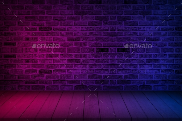 Neon light on brick wall texture background. Lighting effect red and blue neon background