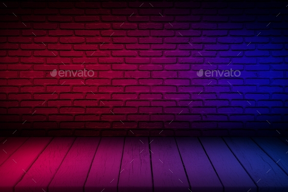 Neon light on brick wall texture background. Lighting effect red and blue neon background