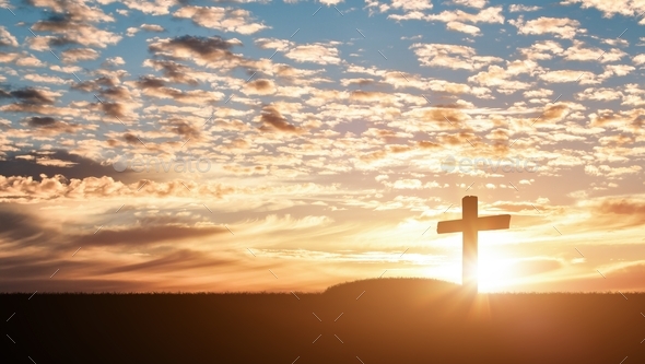 Silhouette of grave and christian cross at sunset sky background. Crucifixion Of Jesus Christ