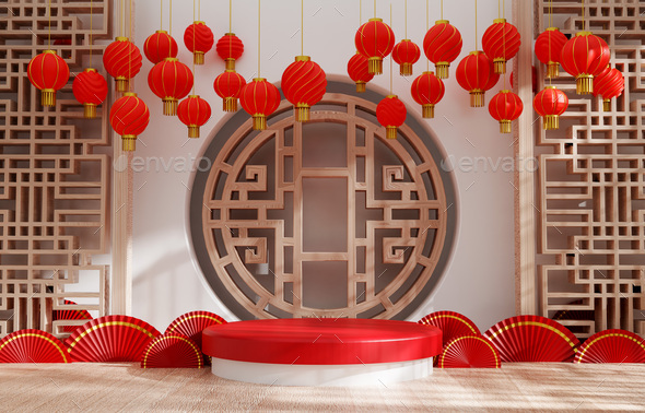 Product display Podium round stage Chinese new year. 3d render - Stock Photo - Images