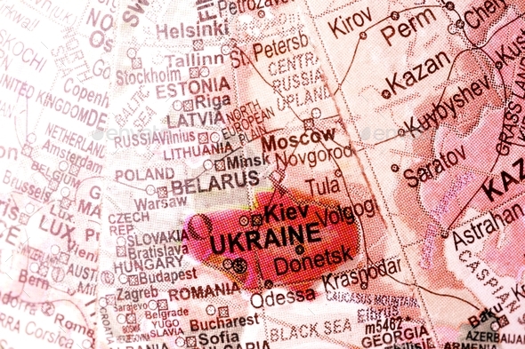 Ukraine marked with red color on the map. Stop war. No war.