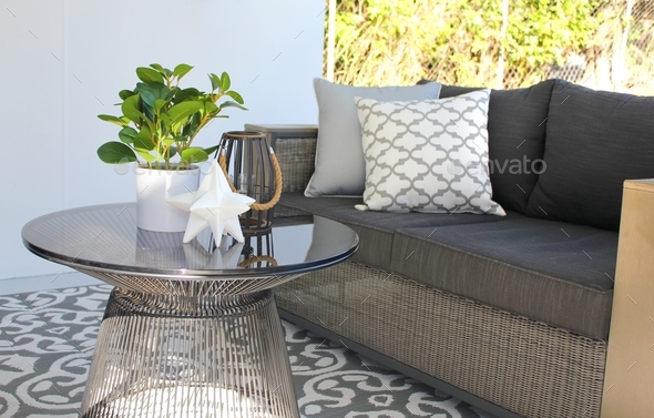 Interior design - a house plant on a glass coffee table, a soft couch in an outdoor space