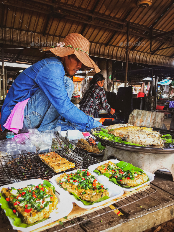 Selling grilled at countryside local food market Stock Photo