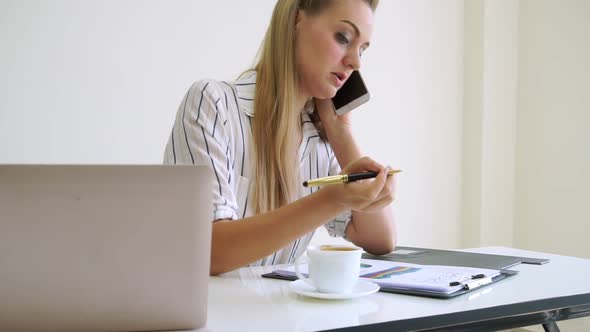 Blonde Business Woman Working at Modern Office alt