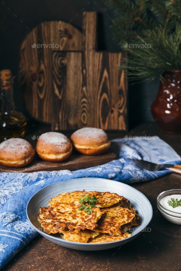 Traditional Jewish food for Hanukkah holiday. Potato pancakes Latkes