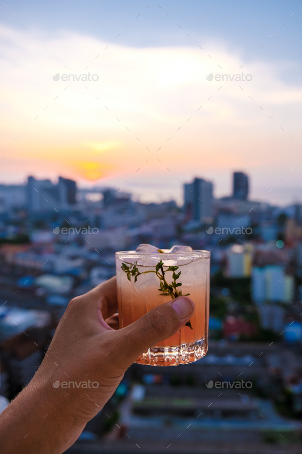 cocktail drinks on a rooftop bar in Pattaya Thailand